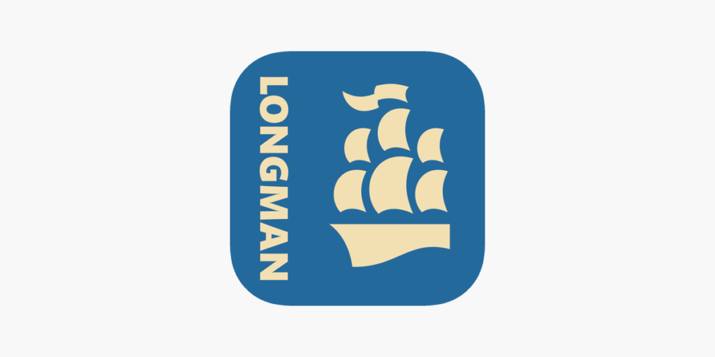 朗文_免費線上英文字典App Logo 藍底米黃色的 LONGMAN 旁邊一艘米色的海盜船