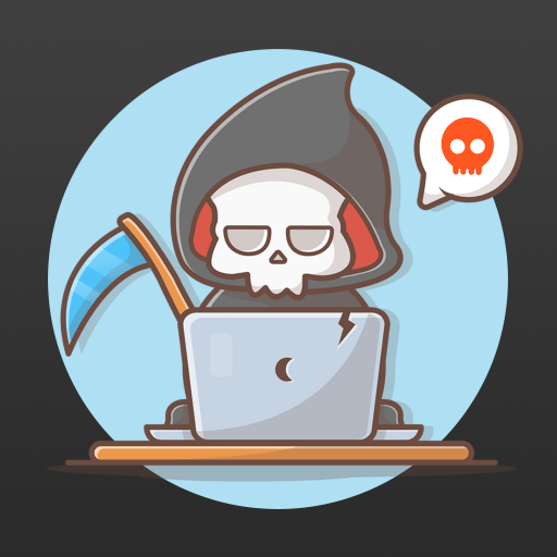 死神單字_免費背英文單字App Logo 黑色的底中間一個藍色的圓圈，裡面有一個穿黑袍，手持鐮刀的死神面對我們，面前有一台灰色的筆電，外殼有月亮LOGO，小白色泡泡框跳出紅色骷髏頭