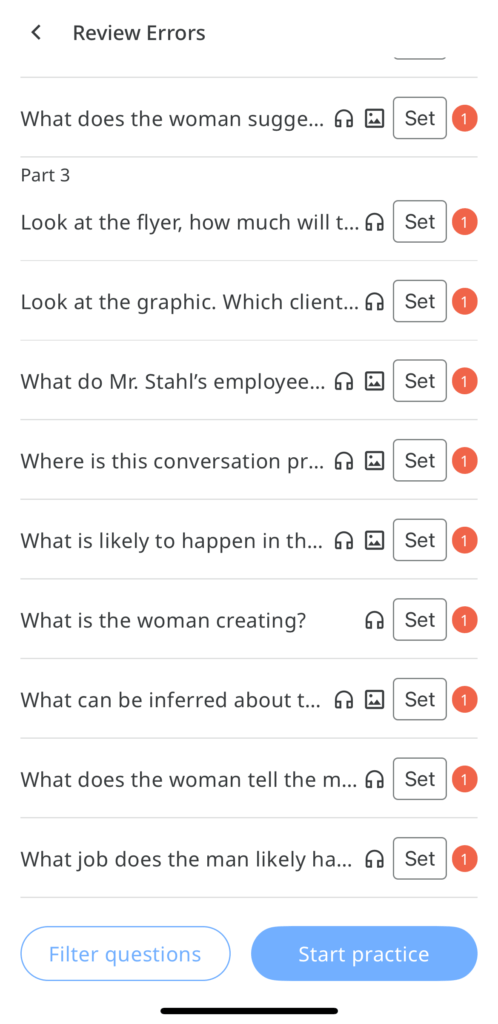 Review Errors part 3 錯題 Filter questions Start practice